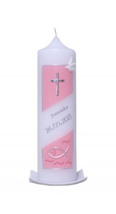Taufkerze Kreuz und Fisch rosa