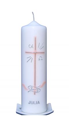 Taufkerze rosa Kreuz, Fische, Wellen