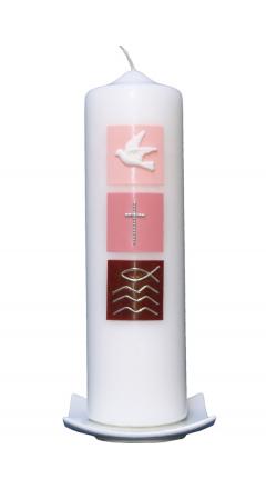 Taufkerze Taube, Kreuz, Fisch rosa