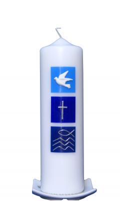 Taufkerze Taube, Kreuz, Fisch blau