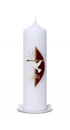Taufkerze Kreuz, Taube mit weinrotem Segel