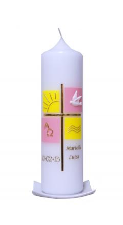 Taufkerze Kreuz mit gelb-rosa Quadraten