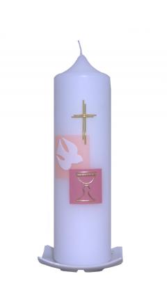 Taufkerze Kreuz und Taube rosa