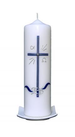 Taufkerze Dunkelblaues Kreuz, Fische, Wellen