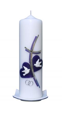 Hochzeitskerze Kreuz mit zwei Herzen (lila)
