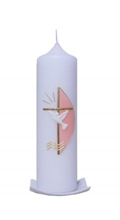 Taufkerze Kreuz, Taube mit rosa Segel