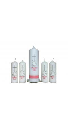 Taufkerze Set Taube & Wasser (rosa) (1+4)