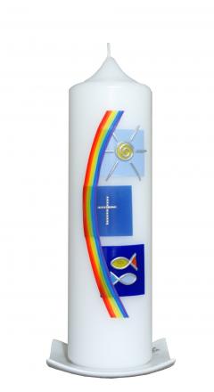 Taufkerze Regenbogensegel blau 25x7cm