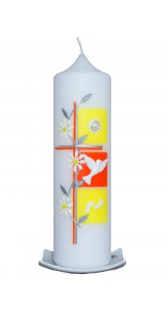 Taufkerze Kreuz mit 3 Quadraten und Blumenranke rapsgelb-orange