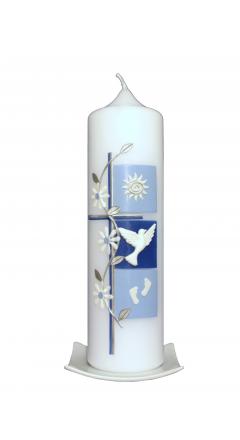 Doopkaars Kreuz mit 3 Quadraten und Blumenranke blau