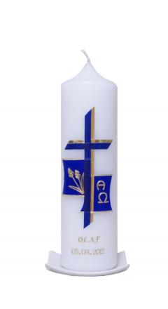 Taufkerze Kreuz mit hren blau