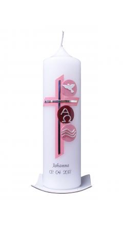 Taufkerze Kreuz und Kreise rosa