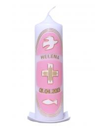 Taufkerze Taube, Kreuz, Fisch Oval rosa