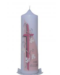 Taufkerze rosa Kreuz mit Weinranke