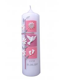Taufkerze Kreuz mit 3 Quadraten und Blumenranke rosa-altrosa